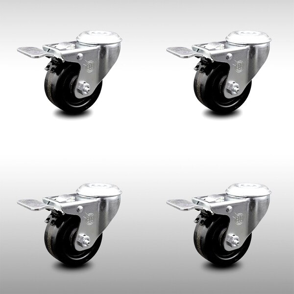 3 Inch SS Phenolic Wheel Swivel Bolt Hole Caster Set with Total Lock Brake SCC